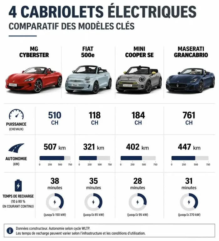 Comparatif technique des cabriolets électriques : MG Cyberster, Fiat 500e, Mini Cooper SE, Maserati GranCabrio