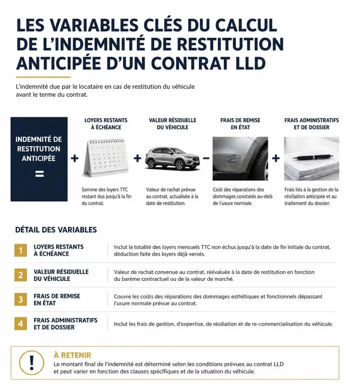 Infographie explicative du calcul de l'indemnité de restitution anticipée LLD pour anticiper les frais de rupture de contrat