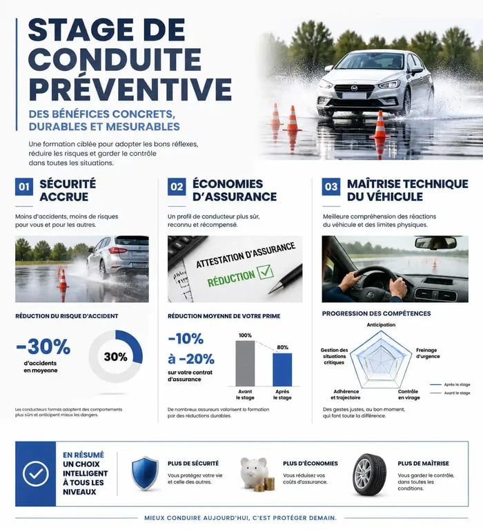 Infographie illustrant les bénéfices d'un stage de conduite préventive : sécurité, économies et maîtrise technique.