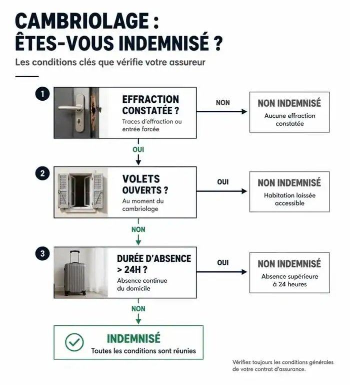 Infographie des conditions d'indemnisation assurance habitation en cas de cambriolage avec volets ouverts