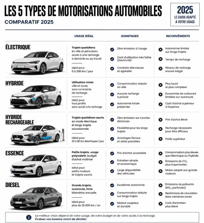 Tableau comparatif des motorisations automobiles 2025 pour choisir son véhicule selon son usage
