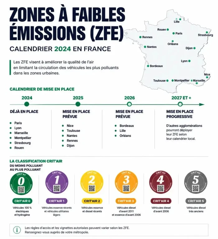 Calendrier des interdictions de circulation des voitures diesel et vignettes Crit'Air en 2024