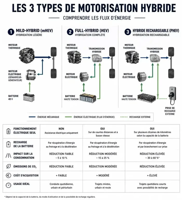 Infographie comparative du fonctionnement des voitures hybrides : mHEV, HEV et PHEV