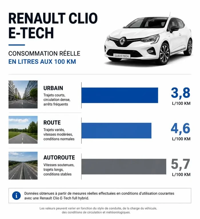 Consommation réelle Renault Clio hybride par type de trajet
