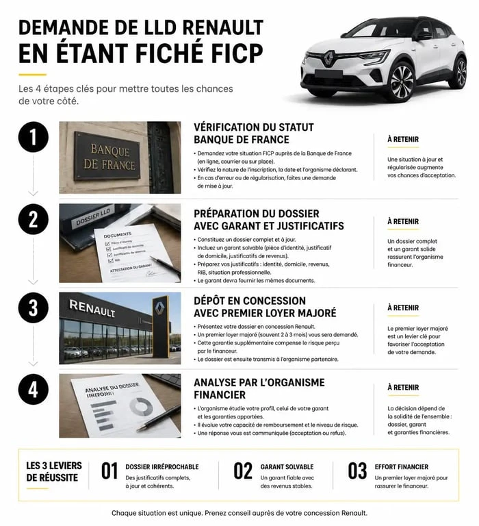 Infographie des étapes pour obtenir une LLD Renault malgré un fichage FICP
