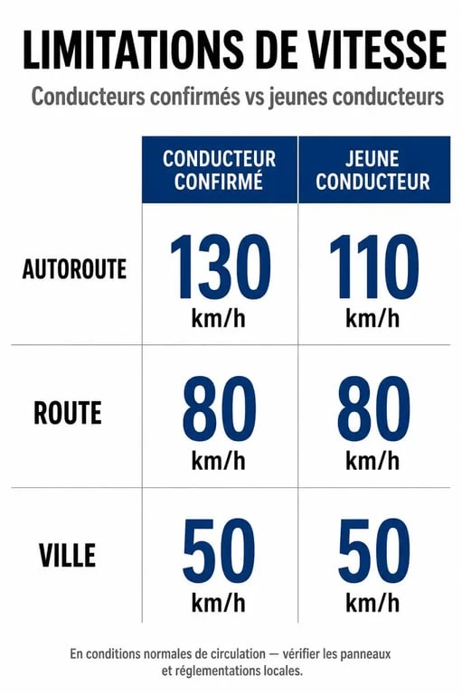 Tableau comparatif des limitations de vitesse pour jeune conducteur et conducteur confirmé
