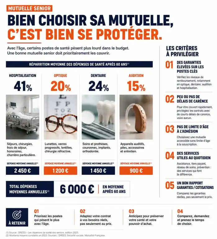 Infographie sur les critères de choix d'une mutuelle senior selon 60 Millions de Consommateurs