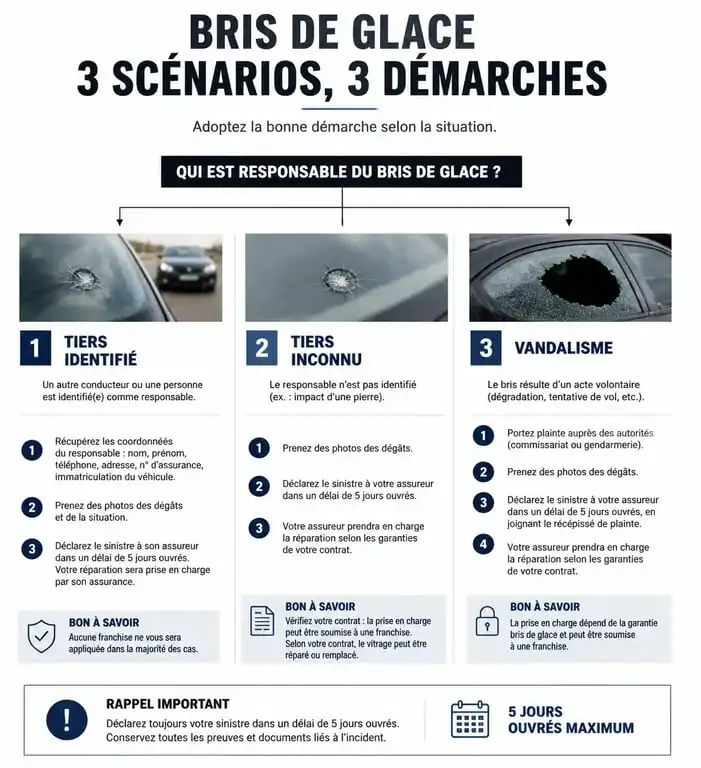 Infographie des démarches à suivre en cas de pare-brise cassé par un tiers