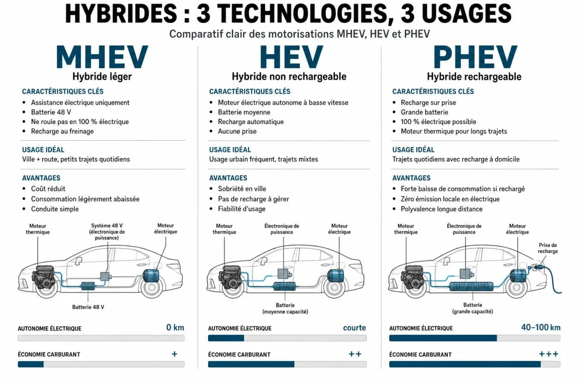 Infographie comparative pour choisir sa voiture hybride : MHEV, HEV et PHEV
