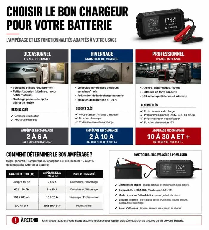 Infographie comparative pour choisir le meilleur chargeur de batterie voiture selon l'usage