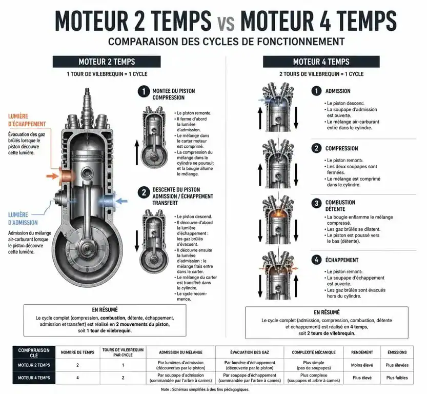 Schéma comparatif du fonctionnement d'un moteur 125 2 temps et 4 temps