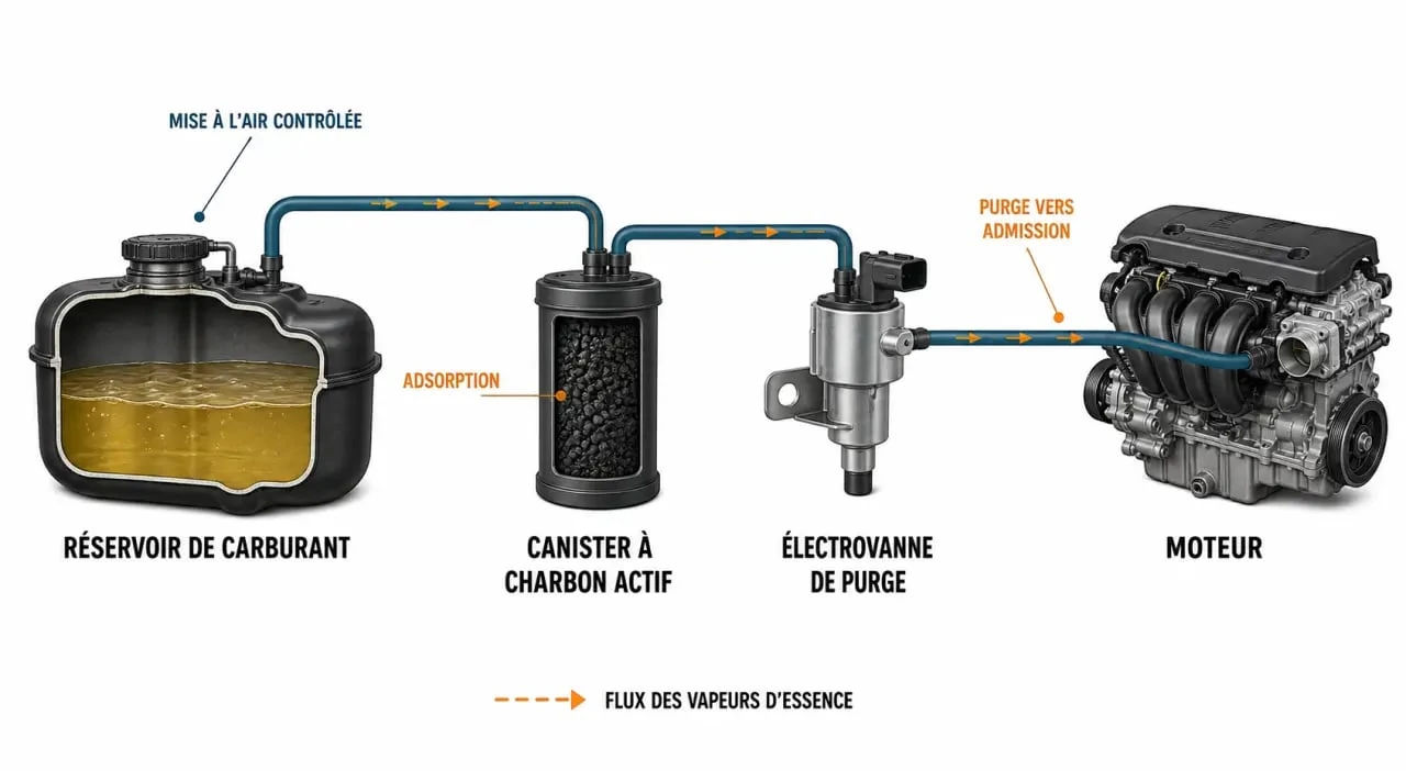 Schéma de fonctionnement du système EVAP et du canister de voiture essence