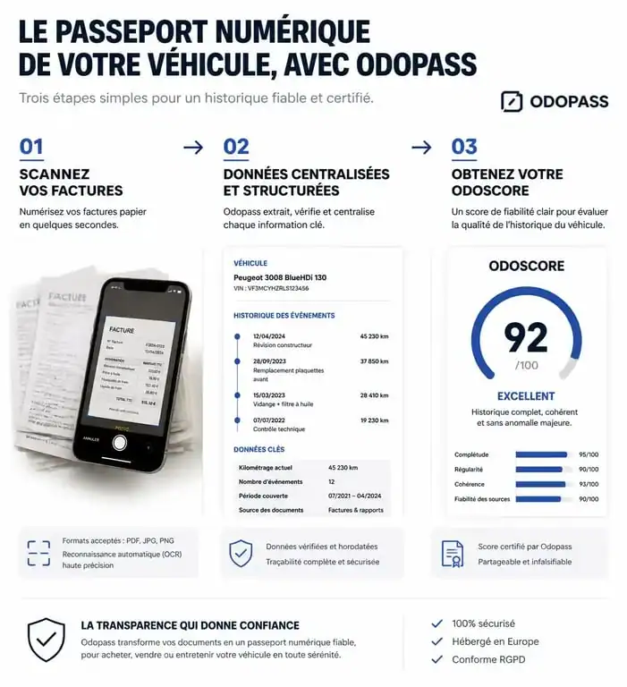 Infographie du fonctionnement de l'application Odopass pour sécuriser l'achat d'une voiture d'occasion et obtenir un avis fiable