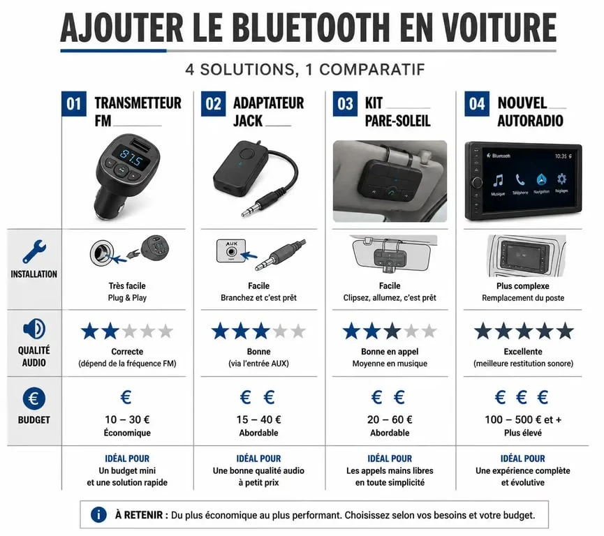 Infographie comparative des solutions pour installer le Bluetooth dans une voiture