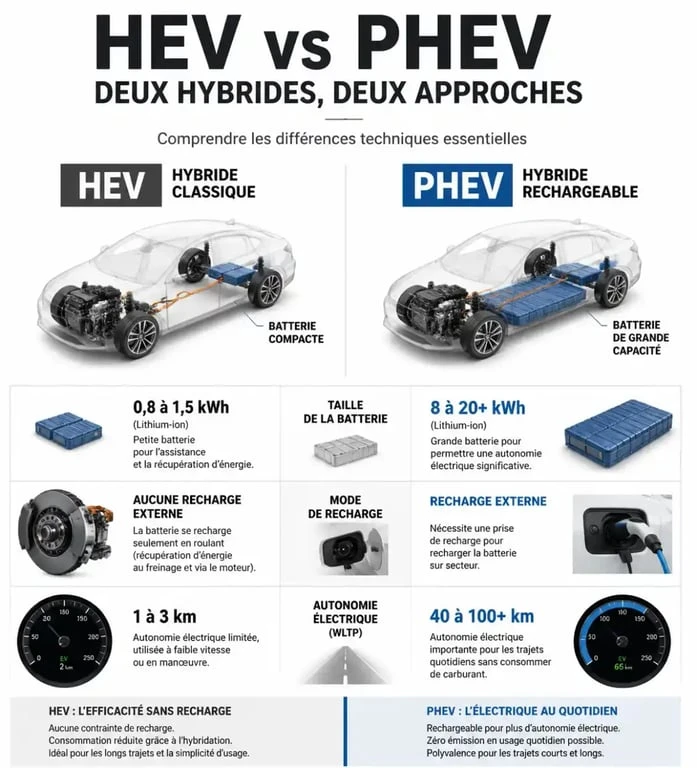 Infographie comparative : différence entre voiture hybride classique et hybride rechargeable