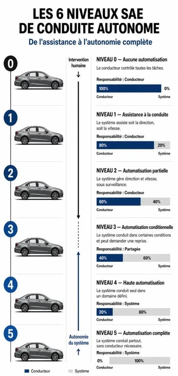 Infographie des 6 niveaux de conduite autonome SAE, de l'assistance manuelle à l'automatisation complète.