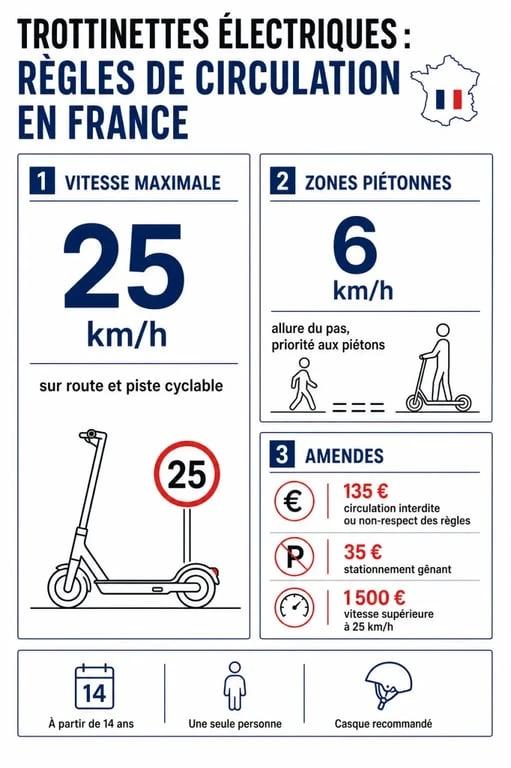 Infographie des règles de circulation et vitesse max trottinette électrique en France