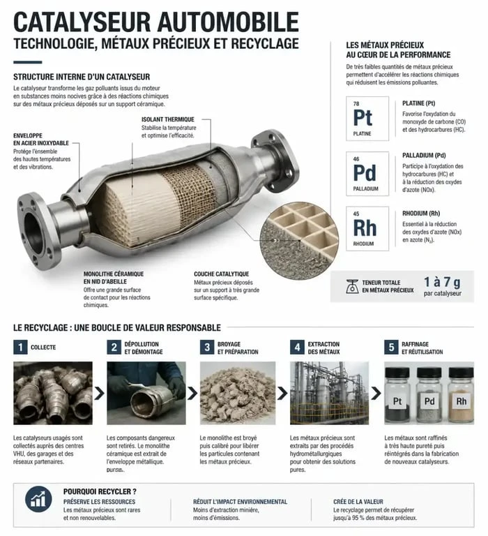 Schéma explicatif du rachat de catalyseur et de la présence de métaux précieux pour le recyclage automobile.