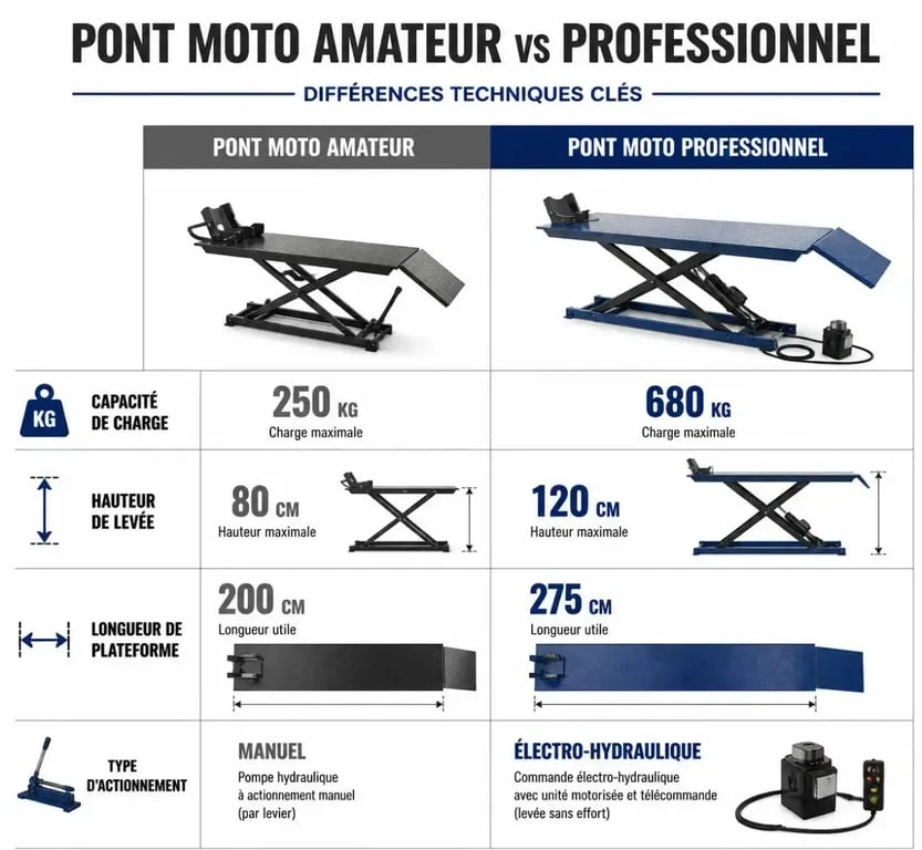 Tableau comparatif des caractéristiques techniques d'un pont moto amateur versus professionnel