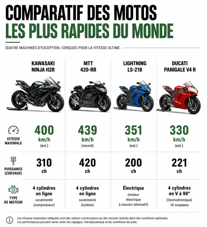 Comparatif des motos les plus rapides du monde : vitesse et puissance des modèles phares.