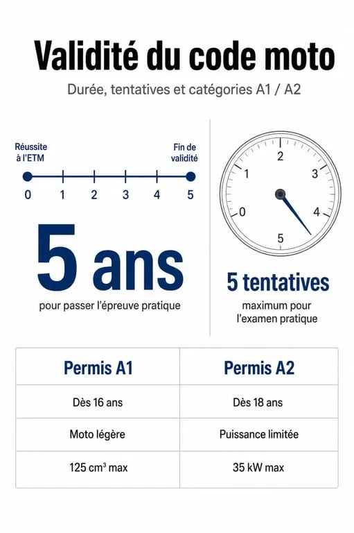Infographie résumant la validité du code moto et les règles de l'ETM