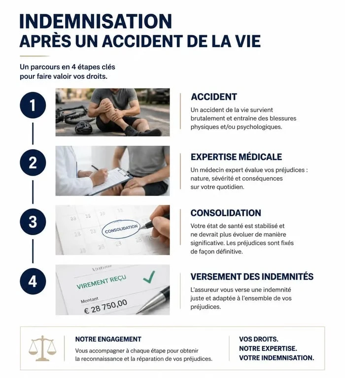 Infographie des étapes de l'indemnisation après un accident de la vie et calcul du tableau d'indemnisation