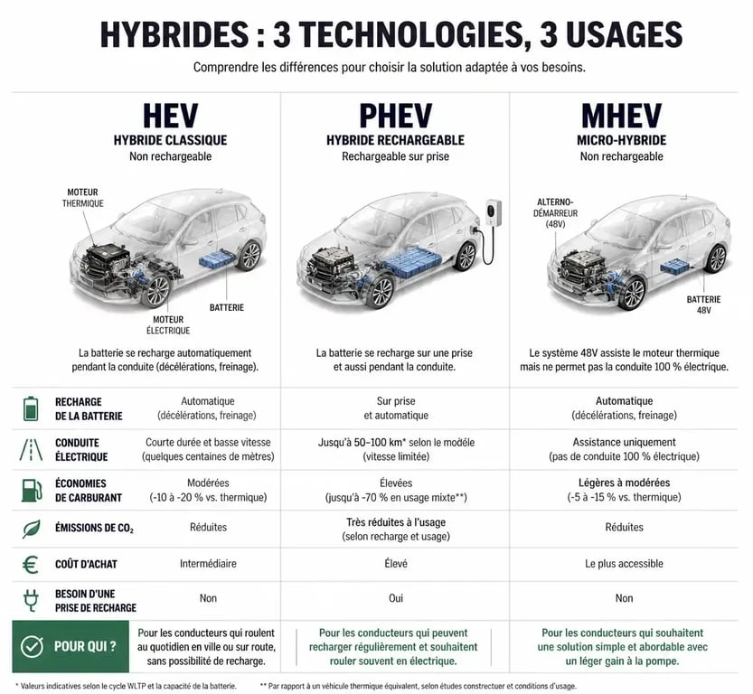 Comparatif des technologies hybrides HEV, PHEV et MHEV pour choisir la meilleure voiture hybride