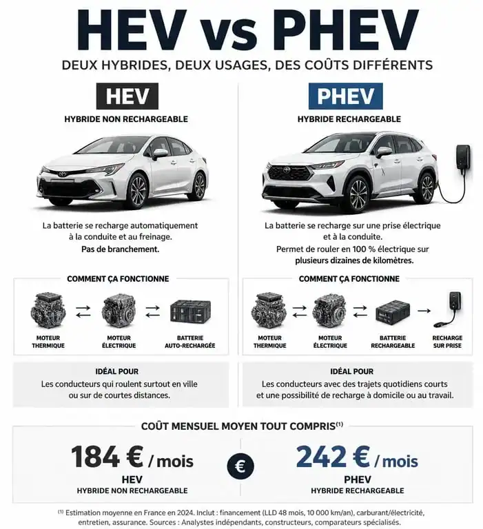 Comparatif des coûts de leasing pour voiture hybride entre hybride classique et rechargeable