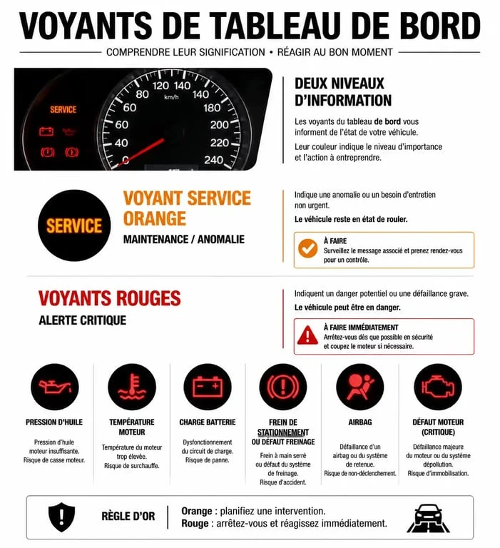 Signification des voyants de tableau de bord et du voyant service orange ou rouge