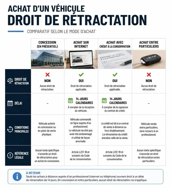 Tableau récapitulatif des droits de rétractation pour l'achat d'un véhicule