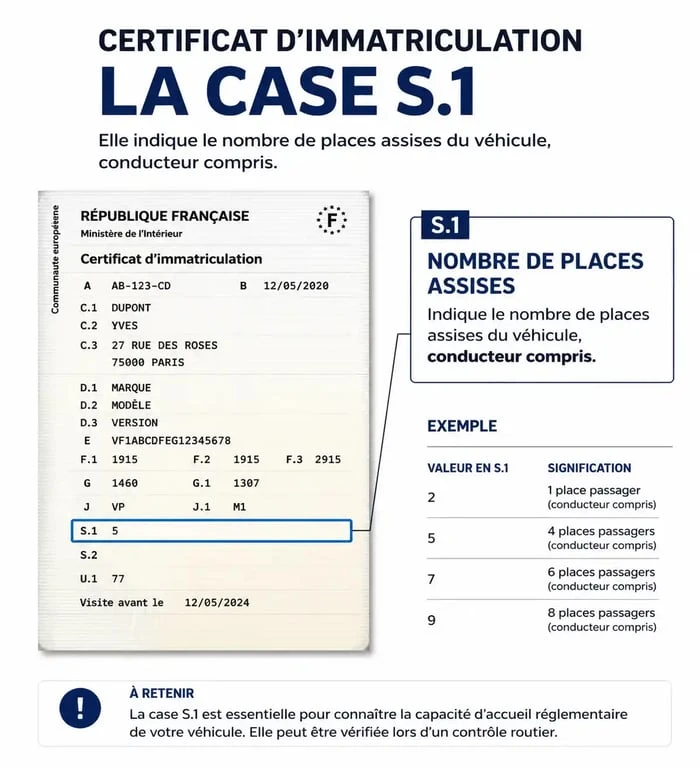 Emplacement du nombre de places sur la carte grise champ S.1