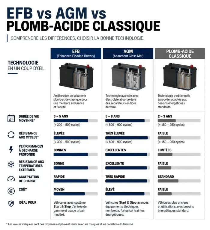 Comparatif des technologies de batteries Start and Stop : EFB, AGM et classique