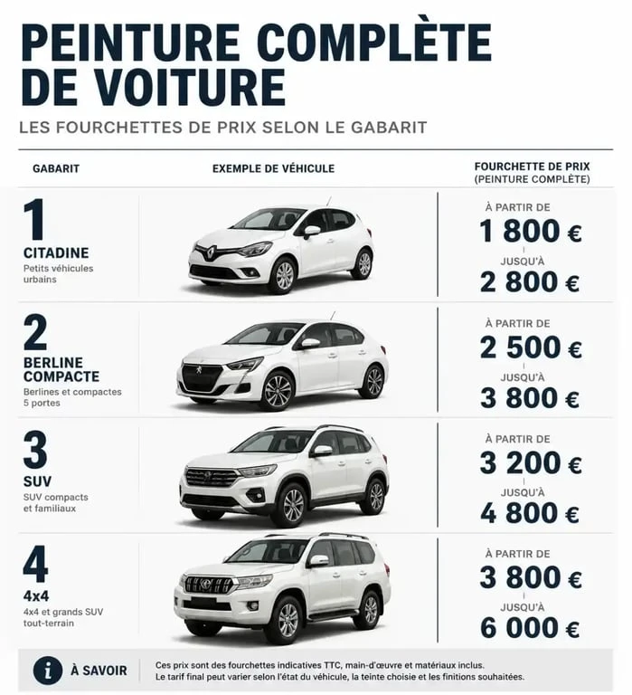 Infographie des prix moyens pour une peinture complète de voiture selon la catégorie du véhicule