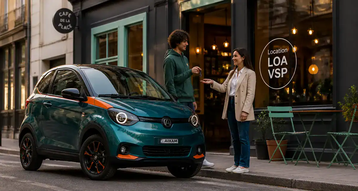 leasing voiture sans permis moderne devant café