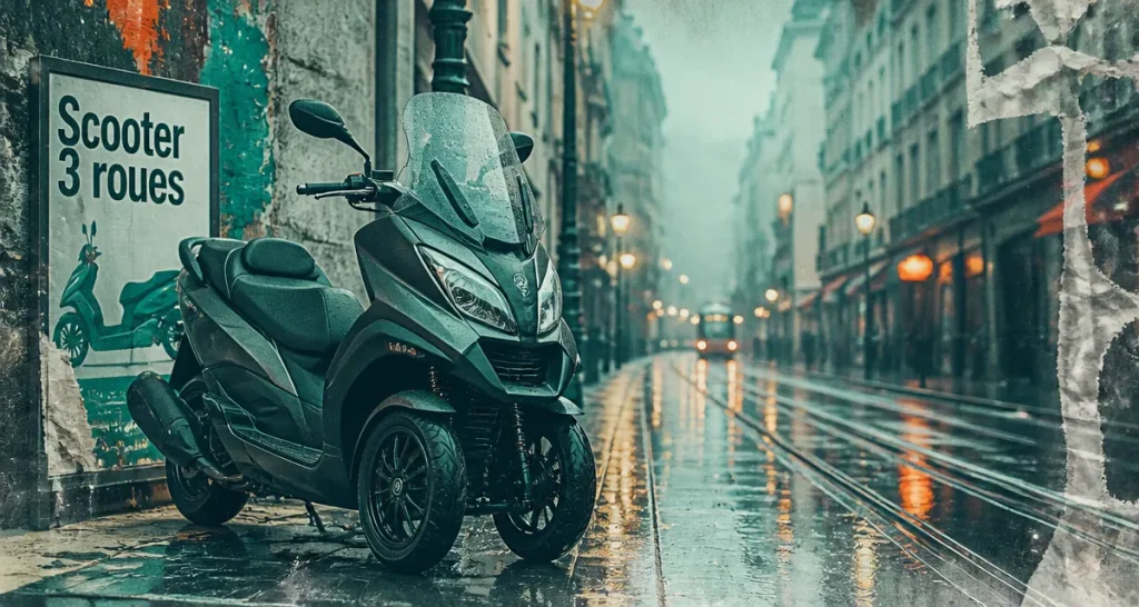 Meilleur scooter 3 roues en 2025, vue d’un maxi-scooter sur route mouillée