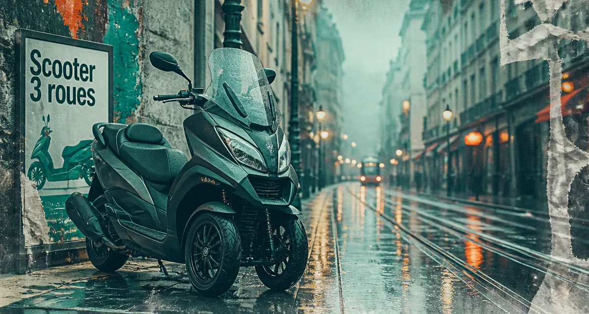 Meilleur scooter 3 roues en 2025, vue d’un maxi-scooter sur route mouillée