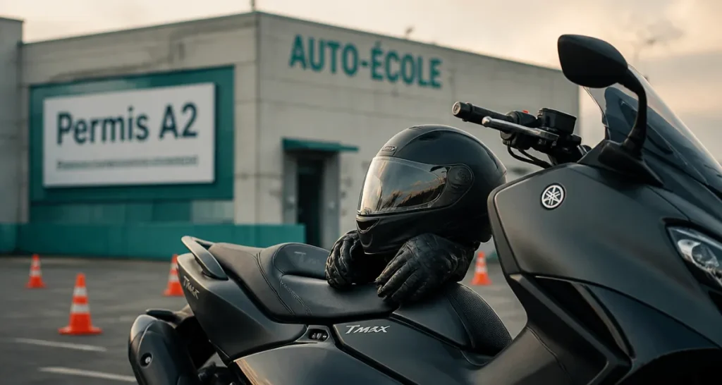 Permis TMax : casque sur Yamaha TMax, auto-école et piste d’entraînement