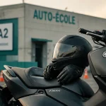 Permis TMax : casque sur Yamaha TMax, auto-école et piste d’entraînement