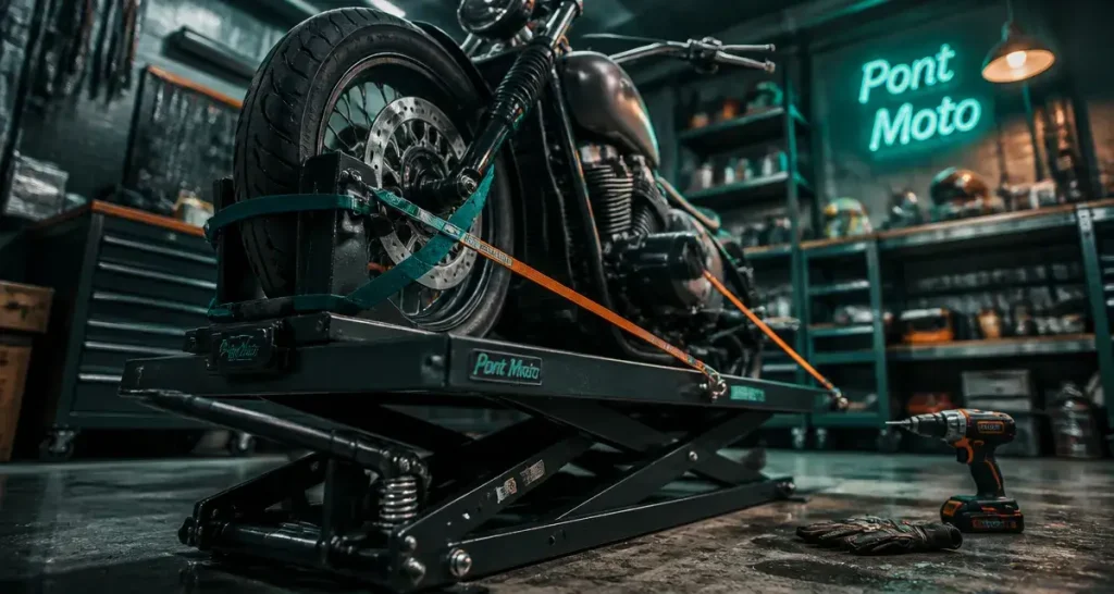 Pont moto 450 kg : sécurité anti-basculement et sangles en atelier