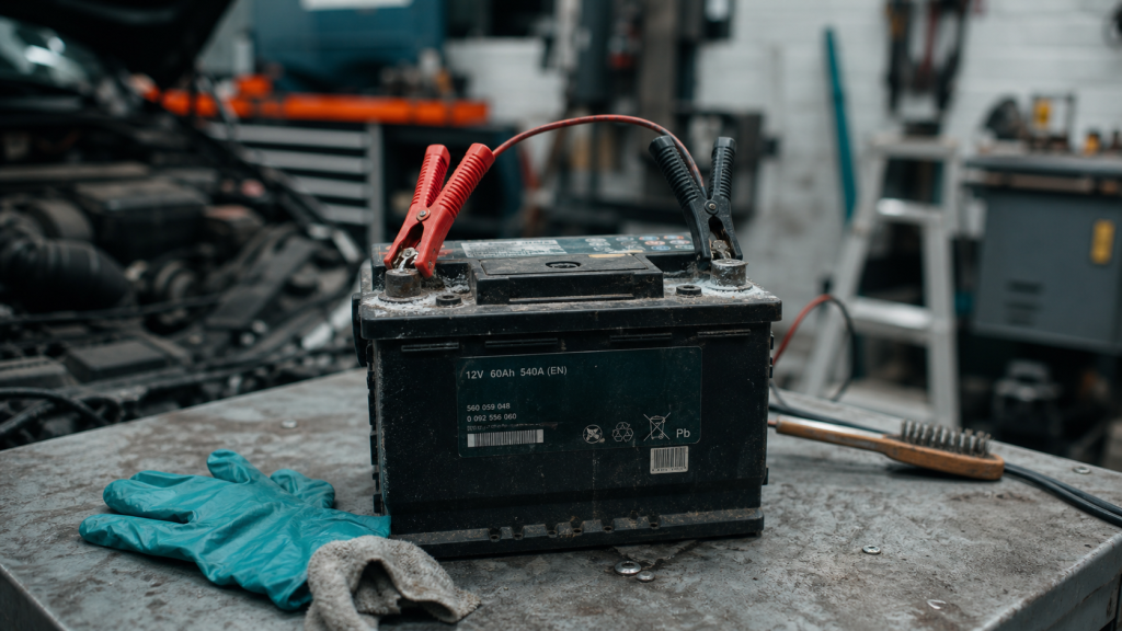 Recharger batterie voiture : pinces du chargeur sur bornes + et -