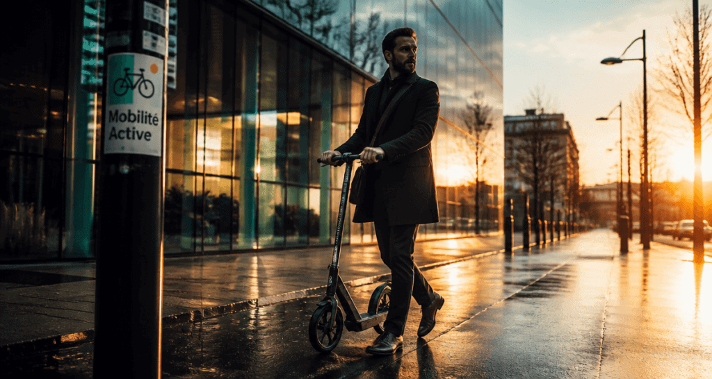 trottinette adulte grandes roues sur trottoir urbain