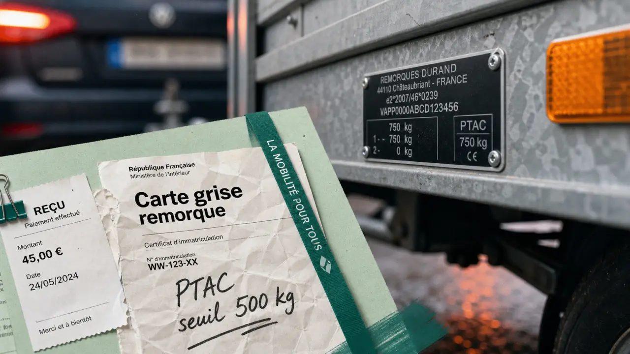 Carte grise remorque PTAC 500 kg, tarif 13,76 €