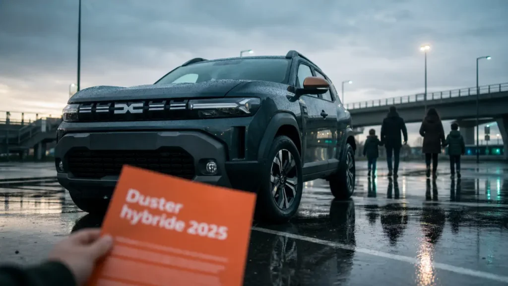Duster hybride 2025 : Dacia Duster sur parking mouillé, photo