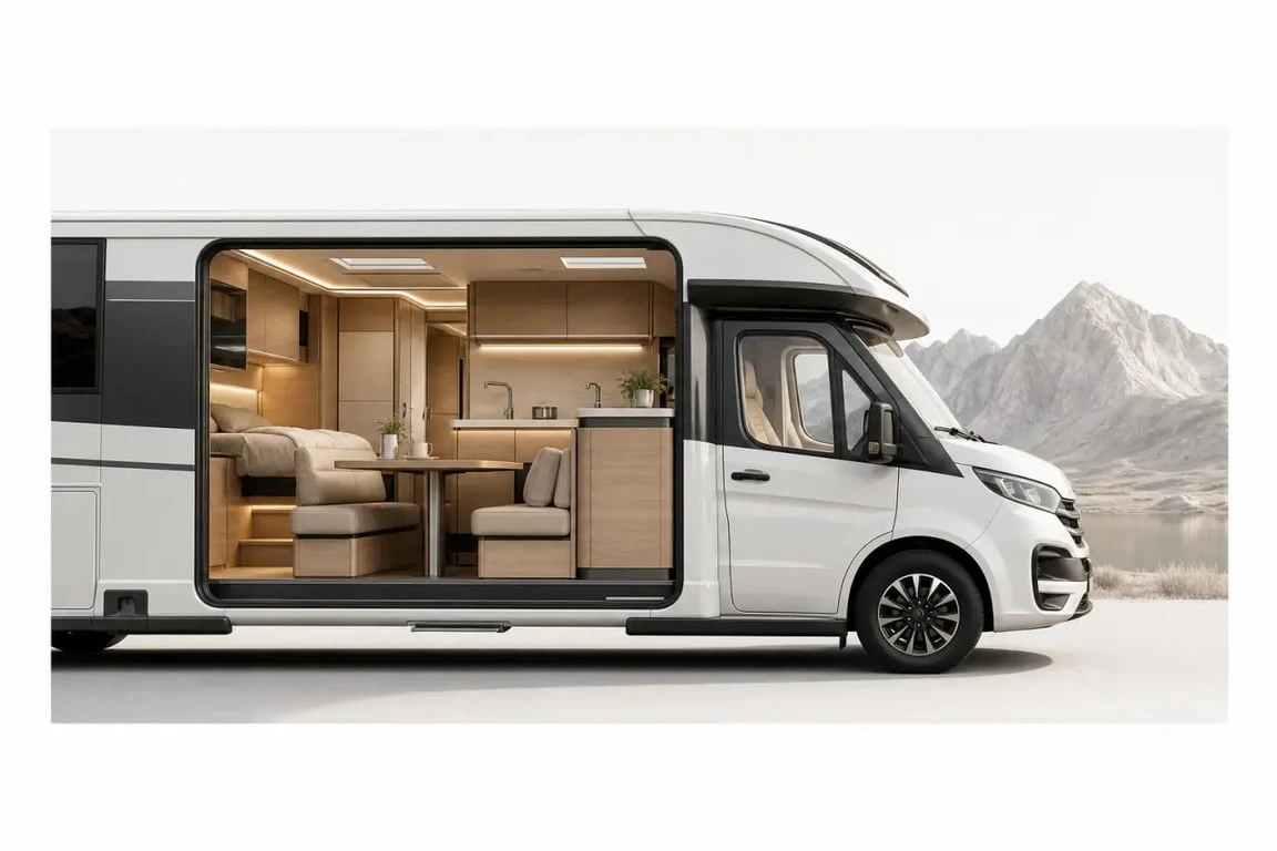 Camping car haut de gamme en scène éditoriale avec intérieur premium et finitions luxueuses