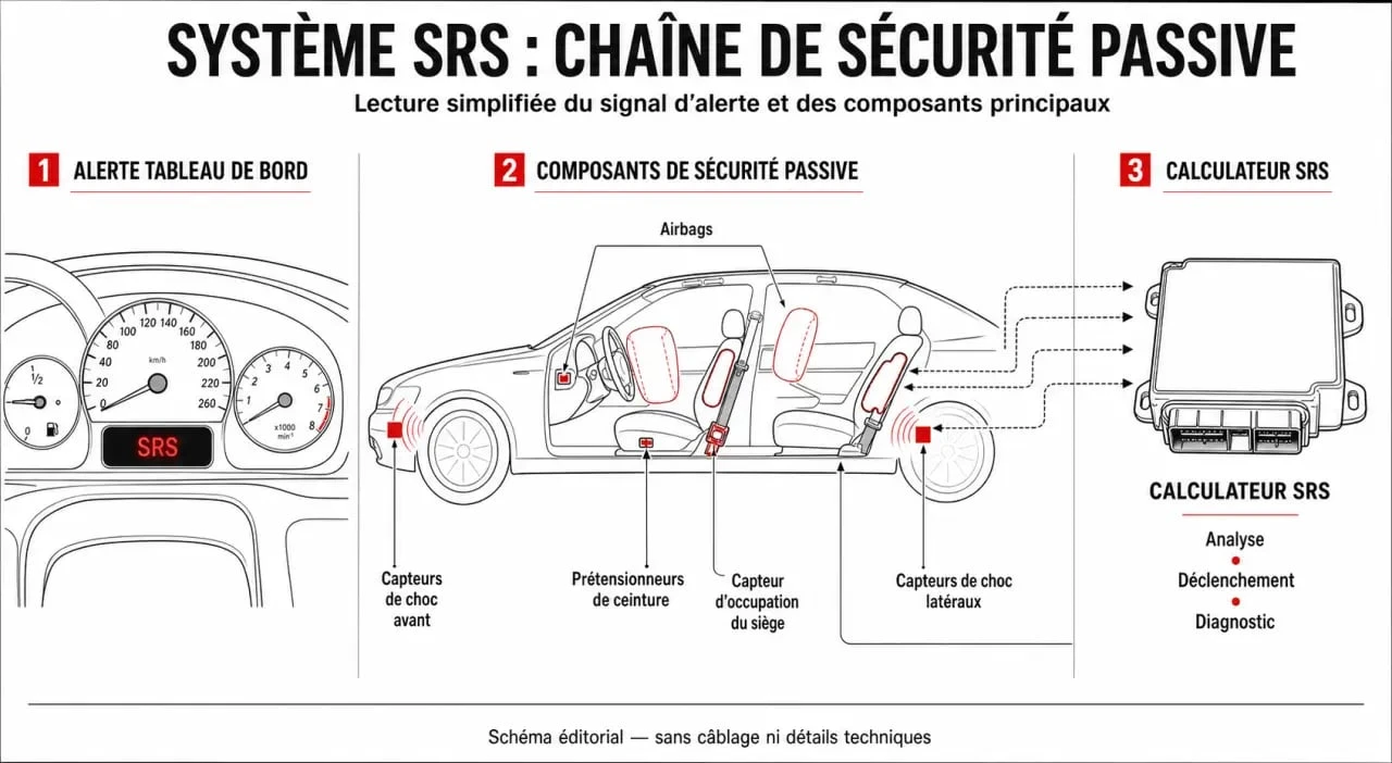 Mercedes Benz srs : schéma simplifié du voyant SRS et des principaux composants de sécurité