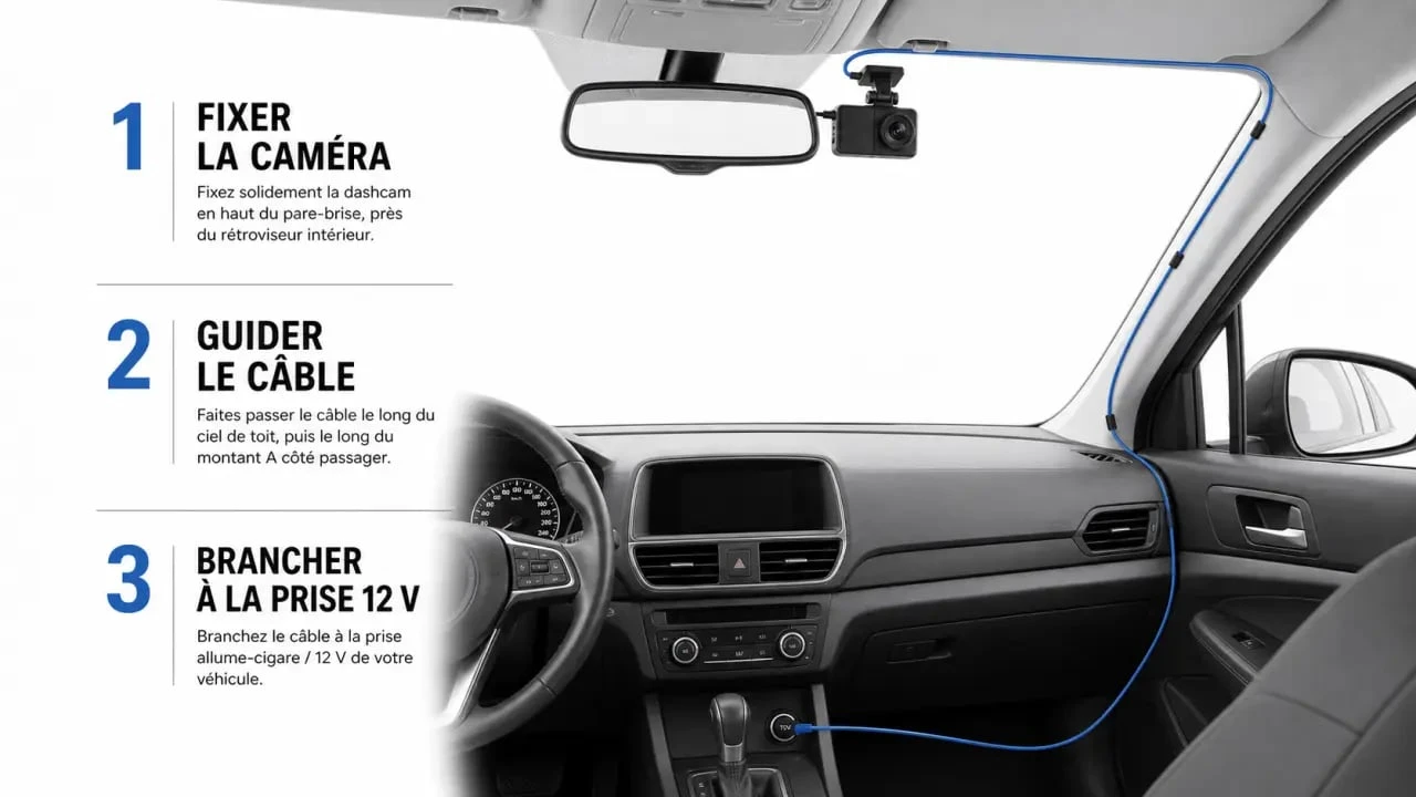 Installer dashcam : caméra fixée près du rétroviseur avec câble caché et branchement à l’allume-cigare
