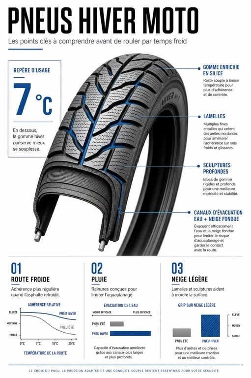 Infographie sur les pneus hiver moto avec seuil de 7°C, gomme silice, lamelles et usages par conditions froides