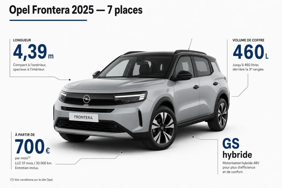Opel Frontera 2025 7 places en illustration éditoriale avec dimensions et prix clés