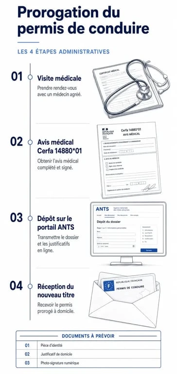 Schéma des étapes de la procédure de prorogation du permis de conduire pour une mise en conformité administrative.