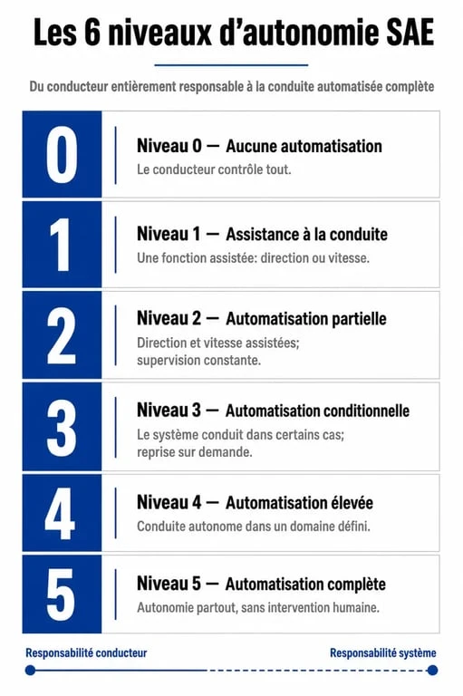 Infographie des 6 niveaux d'autonomie SAE pour véhicule sans conducteur